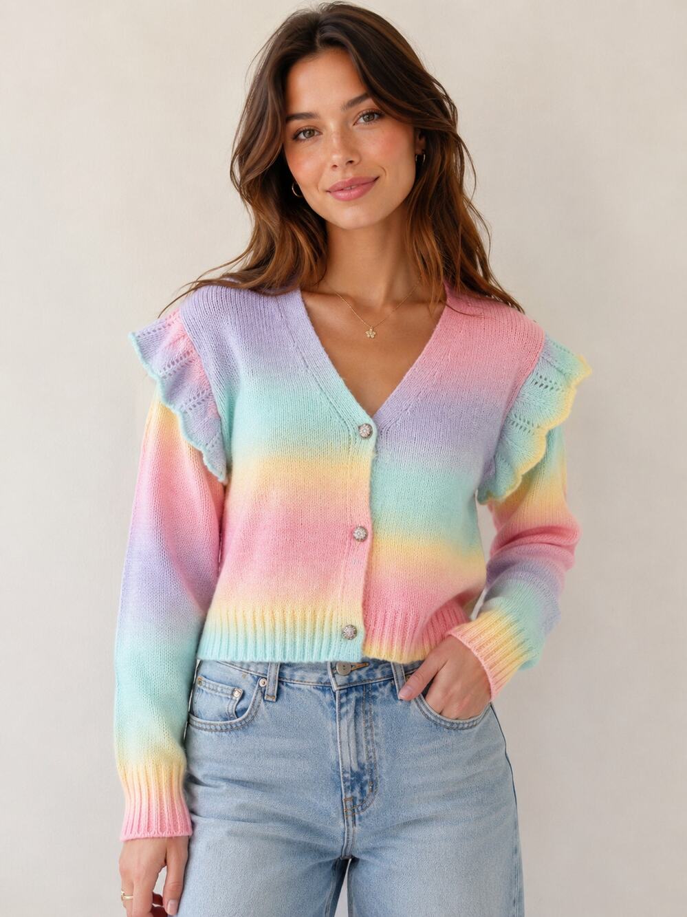 Melody Pastel Rainbow Ruffle Shoulder Cardigan Multicolor Size XL
